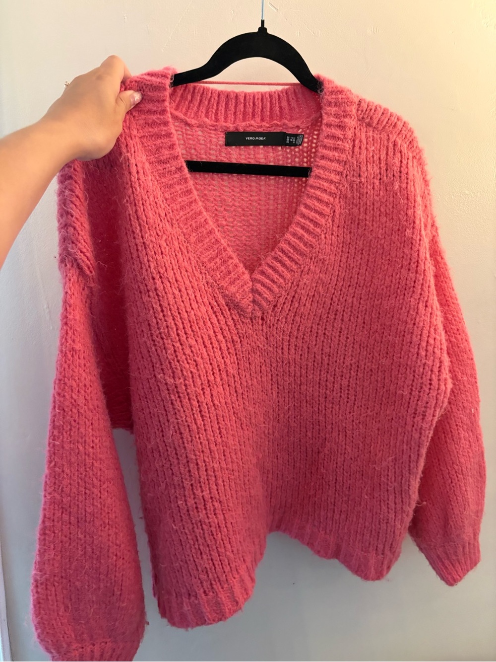 Vero Moda Bright Pink V-Neck Chunky Knit Sweater